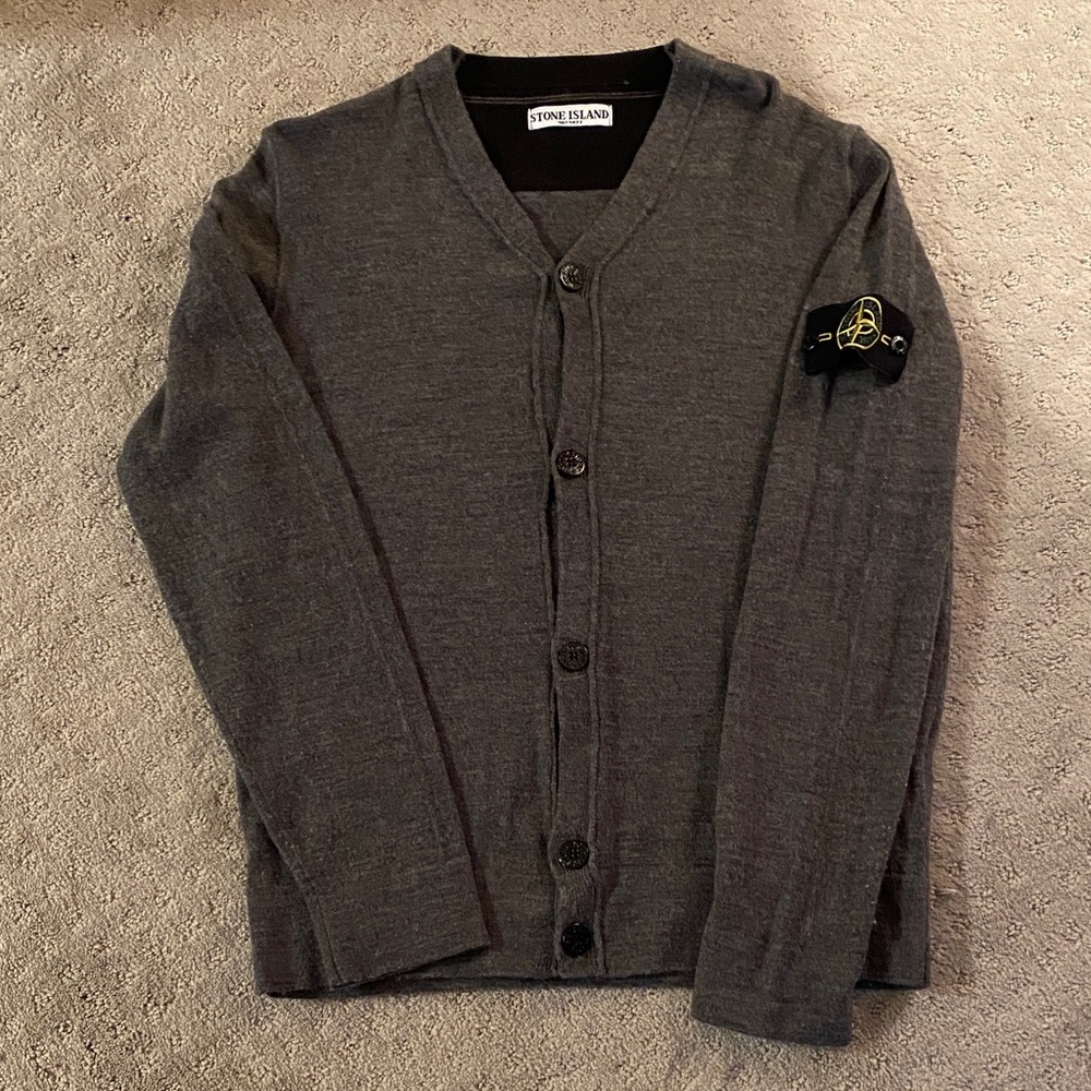Stone Island Men's Charcoal Gray V-Neck Button Cardigan